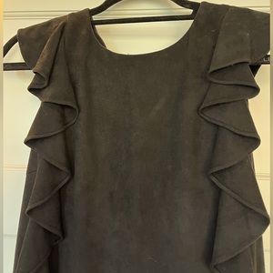 Black Microsuede Cocktail Dress with Side Ruffle Detail and Gold Exposed Zipper